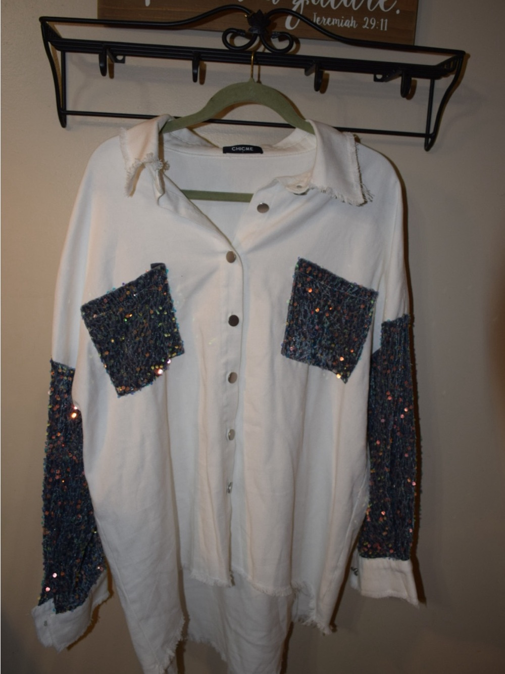 Chicme Women's White Sequin Pocket Button Down Shirt